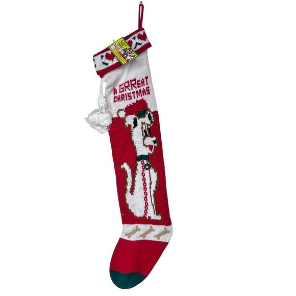 Vintage 24" Knit Christmas Stocking with White Dog Design & Jingle Bells - Picture 1 of 6